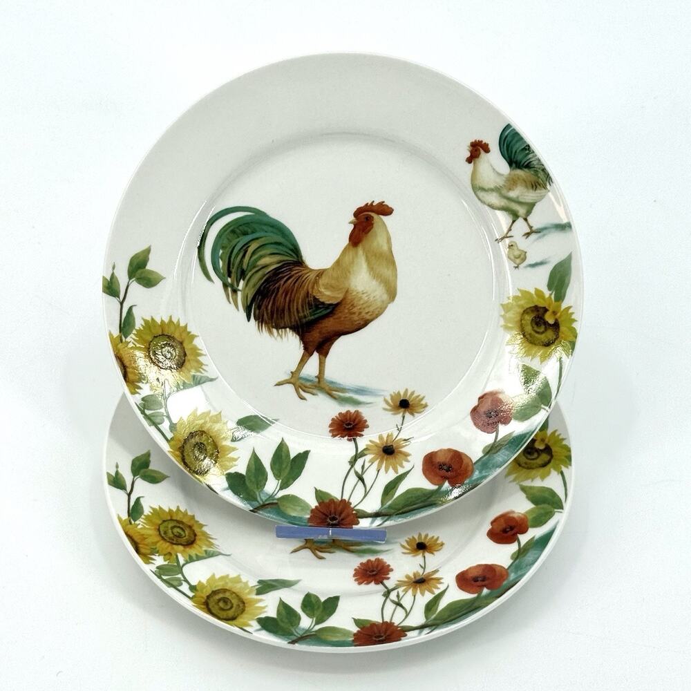 2 PFALTZGRAFF ROOSTER MEADOW SALAD PLATES 7 1/2 INCH COUNTRY FARMHOUSE-